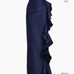 Badgley Mischka Off-The-Shoulder Feather Trimmed Asymmetrical Ruffle Gown